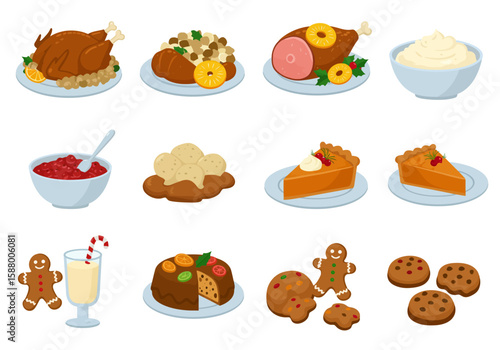 Dishes display holiday meals turkey ham pudding cranberry pie cookies