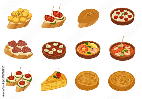 Diverse food spread with tapas paella bread and savory pie on a white background