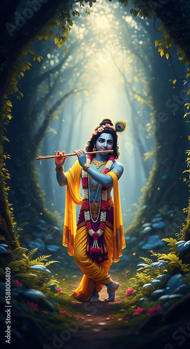 Lord Krishna Playing Flute in a Forest Scene with Sunlight