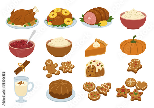 Festive food icons turkey ham pie cookies pumpkin and more arranged on a white backdrop