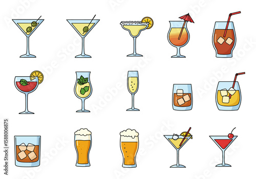 Fifteen diverse stylized cocktail illustrations on a white background