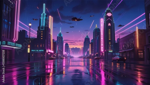 Futuristic city street scene at twilight, vibrant neon lights reflecting in wet pavement,  helicopters flying overhead.