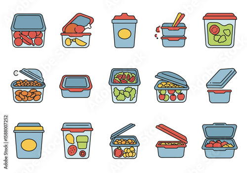Food containers with various foods each with a different arrangement and style displayed in rows
