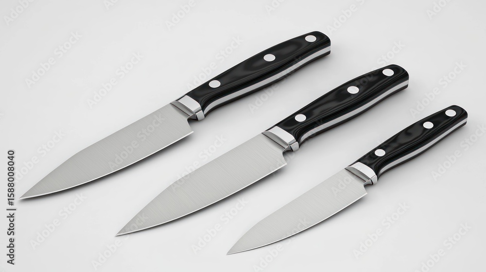 Fototapeta premium 3D lineup of kitchen knives on white background