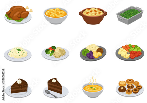 Food selection turkey mac  cheese green beans cake soup other dishesdesserts