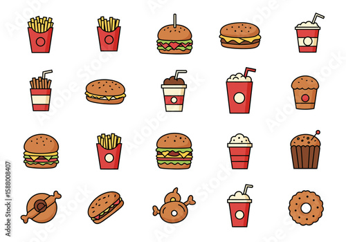 Foodthemed icons burgers fries drinks donuts muffins and fried chicken arranged on a white background
