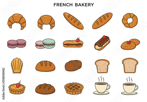 French bakery treats displayed croissants baguettes macarons éclairs madeleine bread pie  hot coffee