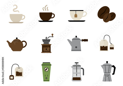 Graphic 12 coffeetea illustrations Cups beans makers teapot tea bags