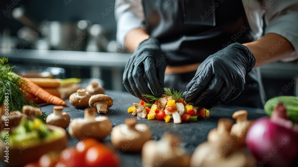 A chef wearing black gloves prepares a colorful vegetable dish in a professional kitchen surrounded by fresh ingredients A chef wearing black gloves prepares a colorful vegetable dish in a professional kitchen surrounded by fresh ingredients
