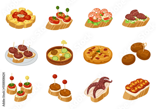 Illustrated tapas assorted openfaced sandwiches  appetizers are shown varying by topping color size  shape