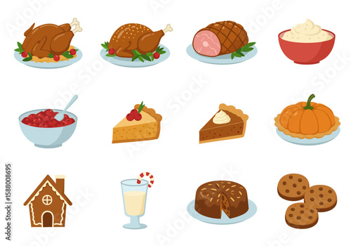 Illustration of holiday dishes including turkey ham cranberries pies a gingerbread house eggnog and cookies