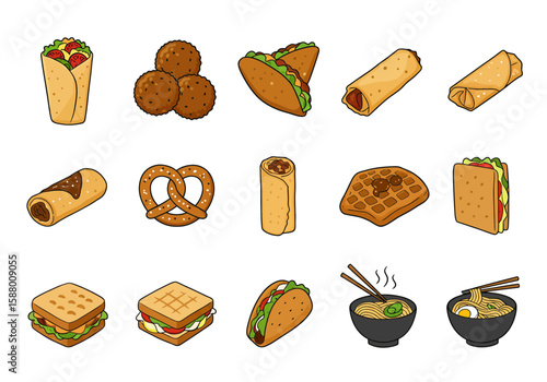 Isometric cartoon food burritos falafel tacos cannoli pretzels waffles sandwiches ramen bowls  egg