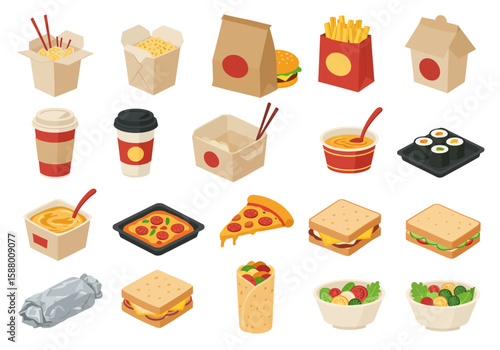Isometric food icons include takeout boxes pizza sandwich salad burritos drinks and sushi presented against a white background