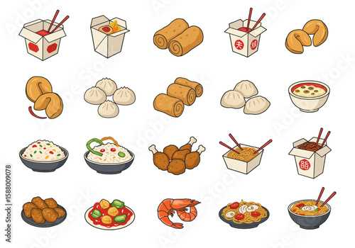 Isometric cartoon Chinese takeout food illustrations in organized rows
