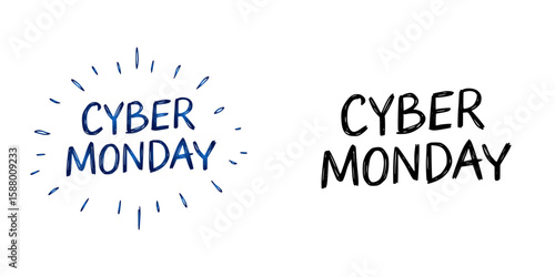 Cyber Monday promotional graphics in playful typography style, two design variants in black color and blue gradinet, isolated vector image on transparent background
  