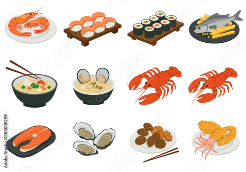 Isometric seafood array shrimp sushi fish soup lobster oysters and fried calamari
