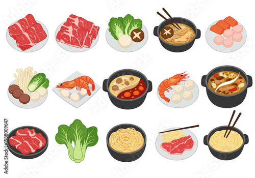Isometric view of assorted foods like meat veggies seafood and noodles on plates and in pots