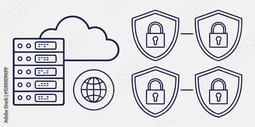 Server cloud network security shields with locks and globe vector