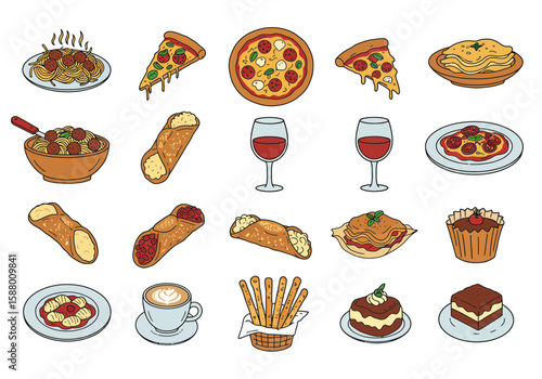Italian food icons pizza pasta wine cannoli lasagna cake espresso