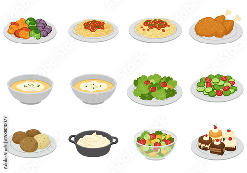 Meals cooked vegetables pasta chicken soup salads patties dip  cakes are arrayed