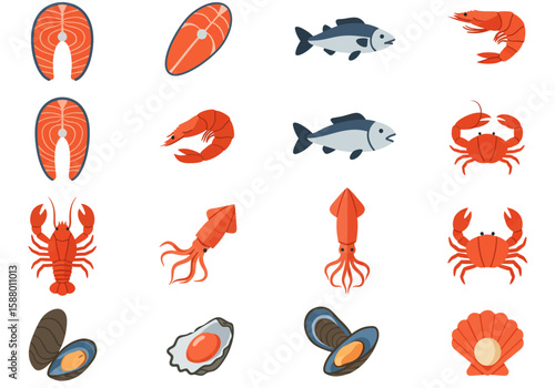 Sixteen seafood icons including fish shellfish  crustaceans are arranged in a grid