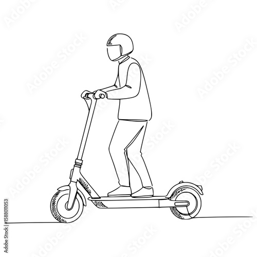 Person riding electric scooter in a line drawing style with a helmet, isolated vector image on transparent background
 