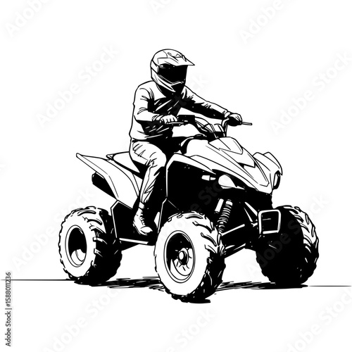 Man riding an ATV with helmet in a line drawing style, isolated vector image on transparent background
  