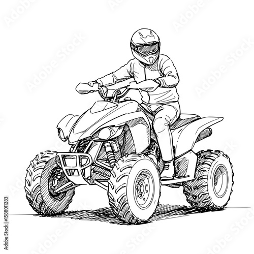 Man riding an ATV in a line drawing, isolated vector image on transparent background  