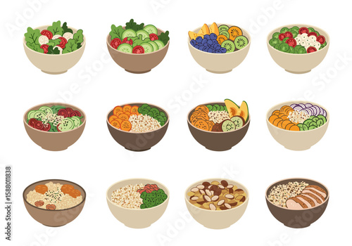 Twelve bowls each filled with diverse food combinations arranged in a 3x4 grid