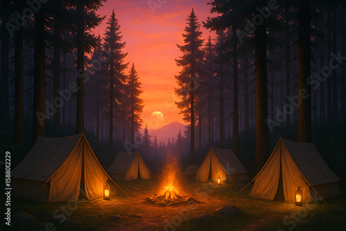 Tranquil Forest Campfire at Sunset with Tents and Lanterns