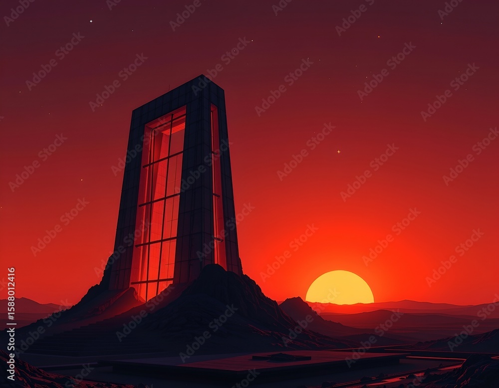 Fototapeta premium Futuristic Tower Surreal Warm Sunset