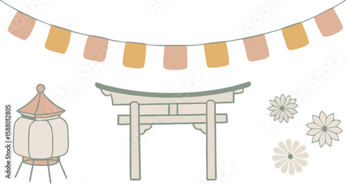 Vector art of a charming illustration featuring japanese cultural elements like a torii gate and lantern with festive bunting isolated on transparent background.