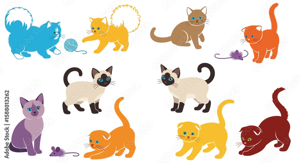 Fototapeta premium Colorful cartoon cats playing with toys and interacting together 