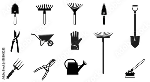 Garden tools icons in black and white minimalist style  
