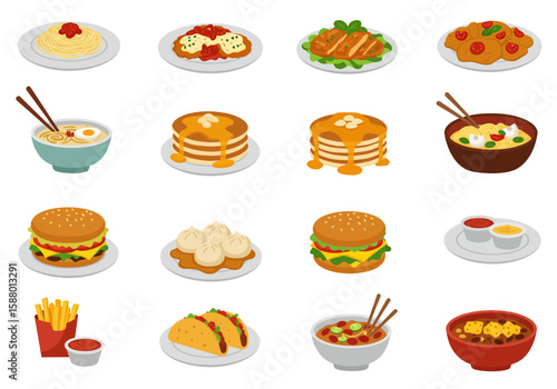 Various foods spaghetti chicken burgers pancakes tacos etc displayed in a grid layout