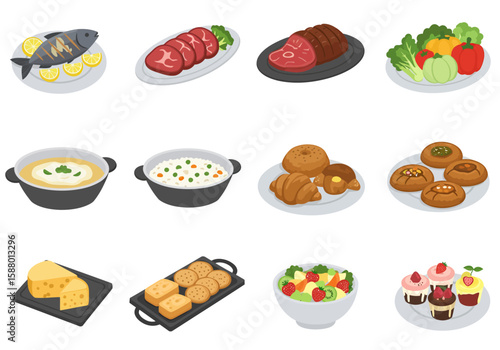 Various food items are displayed including meats fish breads soup salad and pastries