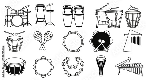 Various percussion instruments in black and white illustrations  