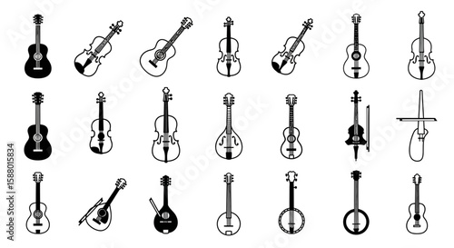 String instruments in various styles and designs on white background  