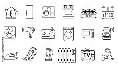 Household appliances icons in minimalistic black and white style  