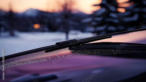 Close-up of a car windshield wiper against a snowy landscape at sunset, reflecting light