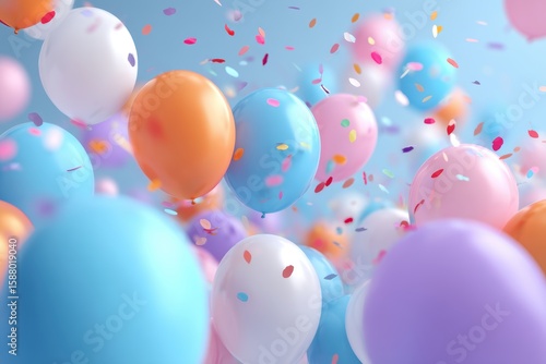 Colorful balloons and confetti floating in the air, creating a festive and joyful celebration atmosphere against a bright blue sky