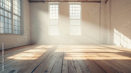 Minimalist renovation style  wood floors and bright light pouring in  unfinished space .