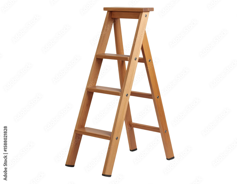 Five-Step Wooden Ladder Leaning Diagonally with Natural Wood Texture, Isolated on White Background PNG Five-Step Wooden Ladder Leaning Diagonally with Natural Wood Texture, Isolated on White Background PNG