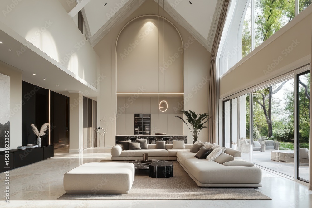 Fototapeta premium Spacious interior concept with high ceiling and neutral tones, 3D visualization