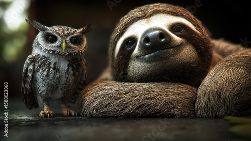 A friendly sloth and owl share a moment of companionship in a serene forest setting