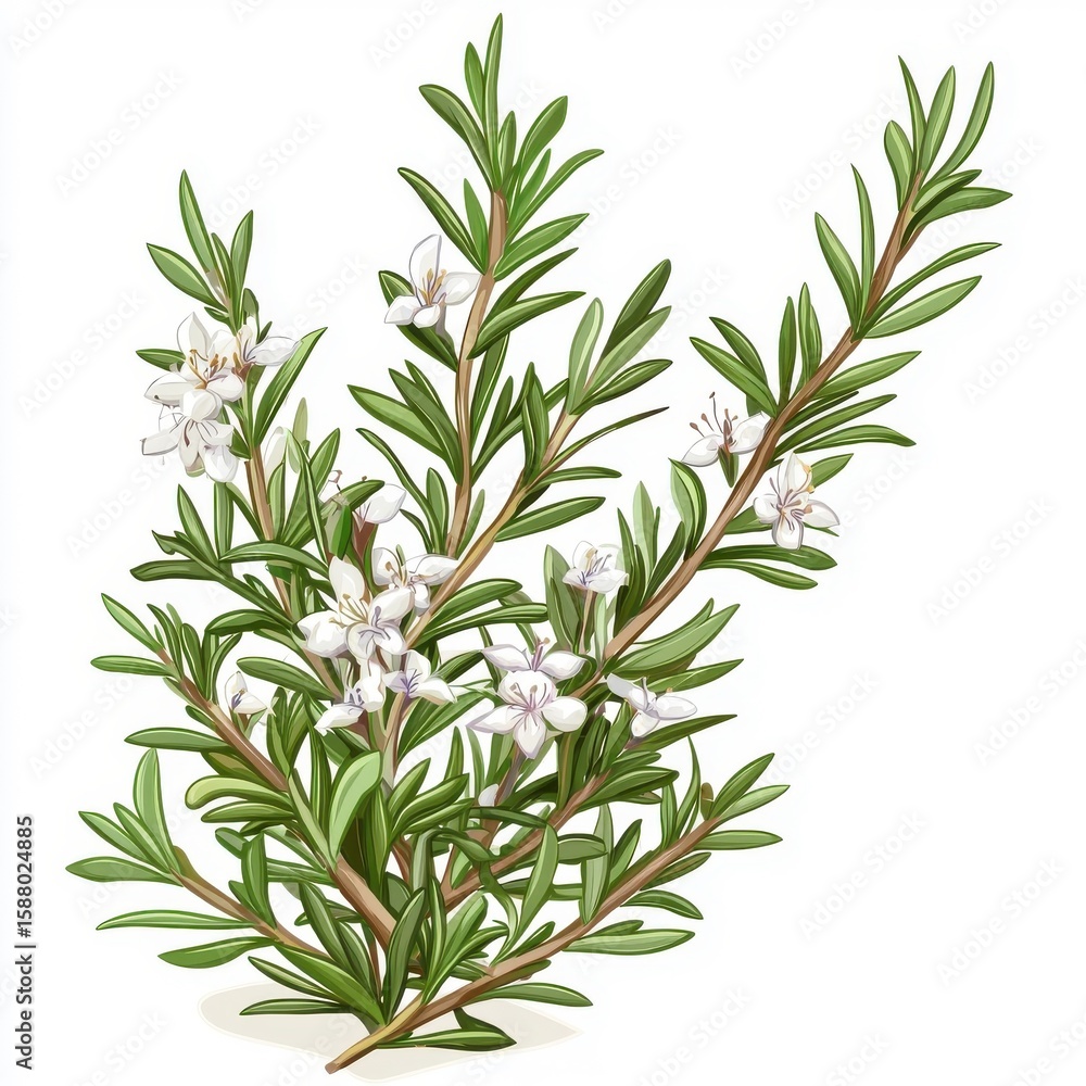 Fototapeta premium Flat style illustration of rosemary, isolated on a white background, highlighting its delicate structure and texture.