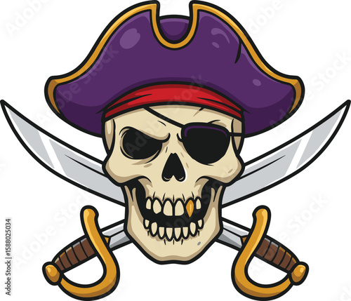 Pirate skull cad drawing flat vector illustration, cartoon skull in eyepatch with crossed swords