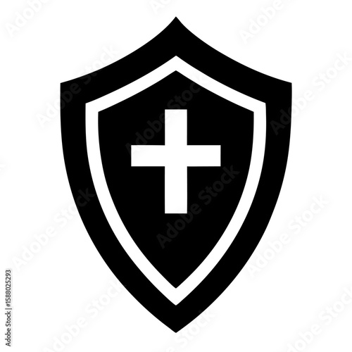 Medieval shield silhouette with a prominent cross emblem and ornate border