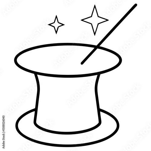 Classic magician s top hat with a magic wand rendered in clean line art