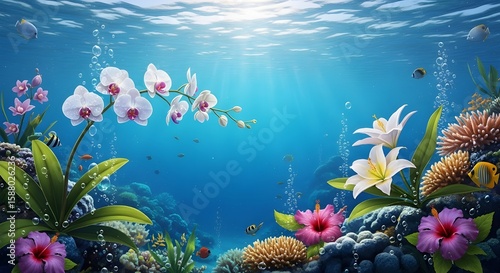 Vibrant Underwater Garden Exotic Flowers and Coral Reef in a Tranquil Ocean Setting